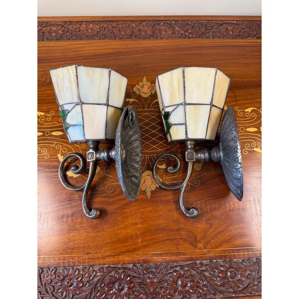 Vintage Stained Glass Rose Wall Sconces Pair Votive Candle Holders Tiffany Style